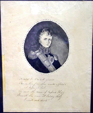 Nineteenth Century portrait of Alexander I, India ink, approximately 10 by 12 inches, framed, 6¾ by 8½ inches, unframed, dated May 13, 1814, en verso, English poem written underneath portrait.