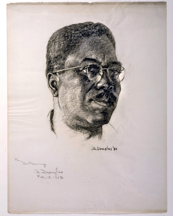 In this accurate charcoal and conte drawing, a 1954 "Self-portrait,†Douglas captured something of his quiet, scholarly persona. David C. Driskell, who succeeded Douglas at Fisk University, has called him the "sage of black visual culture†and a "shy and soft-spoken teacher†and "gentleman.†Spencer Museum of Art, University of Kansas.