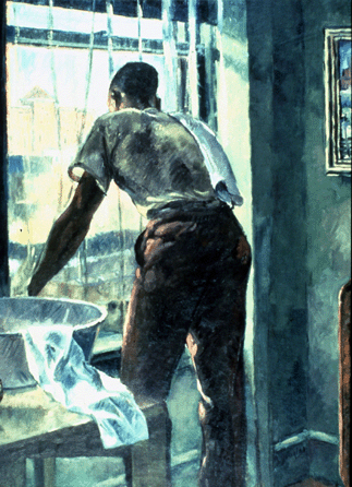 In this rare interior scene, "Window Cleaning,†a 1935 oil painting, Douglas celebrated African American working people, as well as his predilection for rendering architectural forms. Sheldon Museum of Art, University of Nebraska-Lincoln, NAA-Nebraska Art Association Collection. ₩Sheldon Museum of Art photo