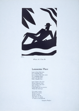 To illustrate a collection of poetry by his friend Langston Hughes, Douglas created this symbolic image of the author wearing a bowler hat and lying beside a river. "As Weary as I Can Be†(Aaron Douglas) and "Lonesome Place†(Langston Hughes) from Opportunity Art Folio, 1926. Spencer Museum of Art, University of Kansas.