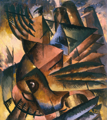 Even before visiting Paris, Douglas incorporated Cubist elements into early works, such as "Birds in Flight,†1927, an oil on canvas that measures 16¼ by 14 inches. Courtesy Michael Rosenfeld Gallery, LLC, New York City.