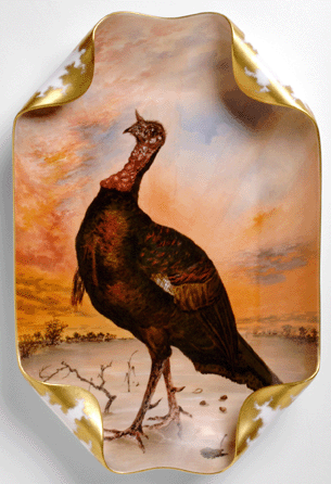 The Rutherford B. Hayes service gets high marks for graphically compelling presidential china. The Wild Turkey service platter was designed by Theodore Russell Davis and produced in Limoges by Haviland and Company. It is part of a set of 562 pieces with 130 different decorations that include elk, bears, ducks, a snowshoe and a seaside cottage, among others.