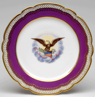 Mary Todd Lincoln chose a dinner service in the Alhambra pattern from Haughwout and Co. in New York, decorated with arms of the United States and with borders in solferino, a strong magenta hue. The bold color raised a few hackles, but the set became one of the most popular.