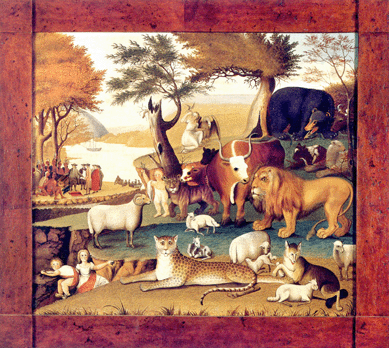 Edward Hicks, "Peaceable Kingdom with the Leopard of Serenity,†1846‱848, 26 by 29½ inches, sold for $9,673,000 (record for a work of American folk art at auction; record for a work by the artist at auction; second highest work of Americana sold at auction).