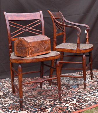 Two Chippendale chairs with rush seats and diamond pattern stretcher, late 1700s, at Rarebird Antiques, owned by Douglas and Lisa Baldwin, Oswego, N.Y. ⁊&J Promotions