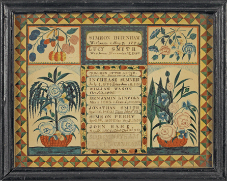 This Simeon-Burnham family document, circa 1830, maintains its original exuberant colors. Watercolor and ink on paper. Origin: Bridgton, Maine. Bates College Museum of Art, loaned by Deborah N. Isaacson Trust.
