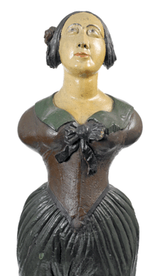 A ship's figurehead, maker unknown, is carved of pinewood and is 57 inches tall. Penobscot Marine Museum, gift of Mrs Parker Poe.