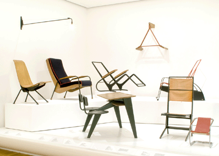 Installation view of "Ateliers Jean Prouvé,†showing versions of his "Standard†chair.  ⁊ason Mandella photo