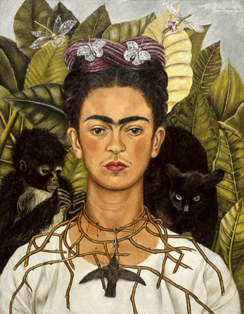 Wearing a peasant dress so admired by the Mexican avant-garde, adorned with jewelry bearing a dead hummingbird, Kahlo's "Self-Portrait with Thorn Necklace and Hummingbird/Autorretrato con collar de espinas y colibri,†1940, suggests her comparison of her suffering with that of Christ. The Mexican flora and fauna surrounding her symbolize her affinity for nature and pets that were often companions of her solitude. Nickolas Muray collection, Harry Ransom Humanities Research Center, the University of Texas at Austin.