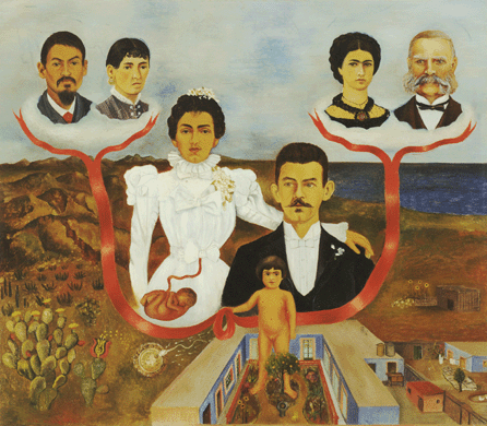 Tracing the history of her ancestry, Kahlo's "My Grandparents, My Parents and I (Family Tree)/Mis abuelos, mis padres y yo (arbol genealogico),†1936, depicts her in the courtyard of the Blue House, where she was born and died, standing in front of a portrait of her parents that is based on their wedding photograph. Her maternal, Mexican grandparents, left, are symbolized by the land, while her paternal, German Hungarian grandparents, right, are symbolized by the ocean. The Museum of Modern Art, New York ©The Museum of Modern Art/Licensed by SCALA/Art Resource.