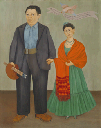 Perhaps based on a wedding picture, "Frida and Diego Rivera,†1931, documents Kahlo's diminutive size next to her corpulent husband, who is identified as an artist by palette and brushes. Reflecting her pride in indigenous Mexican costumes, she wears a Tehuana dress. San Francisco Museum of Modern Art 