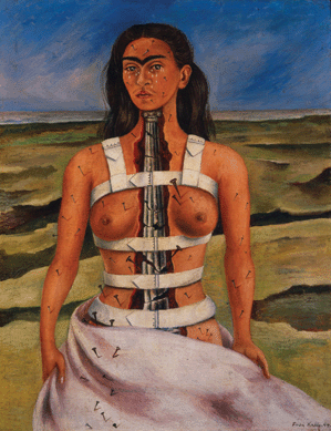 In one of the most riveting images in the exhibition, "The Broken Column/La columna rota,†1944, Kahlo painted herself during a period when she had to wear a steel corset. The cleft in her body, housing a broken Ionic column that takes the place of her damaged spine, and the furrows in the bleak landscape symbolize the artist's pain and loneliness. Museo Dolores Olmedo, Mexico City.