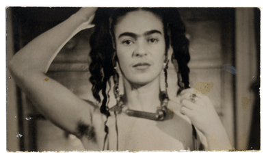 This portrait of Kahlo was taken by New York City art dealer and photographer Julien Levy at the time of her solo exhibition at his gallery in New York in 1938, when they had a brief affair. The photo, demonstrating the artist's expertise at seducing the camera, originally showed Kahlo nude to the waist, but was torn along the bottom, perhaps by Kahlo or a jealous Rivera. Vicente Wolf collection ©2001 Philadelphia Museum of Art.