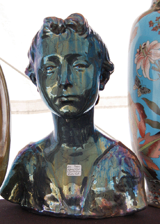 The Art Nouveau bust, a copy of a circa 1920 piece, by Alphonse Cytere of the Rambervilles pottery was a standout from Pat's Pots of Westport, Mass. ⁆rances McQueeney-Jones Mascolo photo