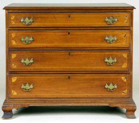 Chest of drawers, Sharon/Salisbury area, Conn., circa 1800, 35 inches high by 40 inches wide by 19 inches deep. Courtesy of the Salisbury Association, Salisbury, Conn.
