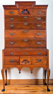 High chest of drawers, Watertown, Conn., circa 1780, 74 inches tall by 39½ inches wide by 18¼ inches deep. Private collection.