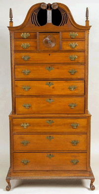 Chest-on-chest signed Bates How, 80½ inches tall by 45½ inches wide by 22 inches deep. Private collection.