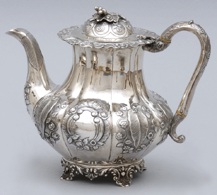 Silver coffeepot, English, 1831″2, maker William Hall, 8¼ by 6 3/8 by 10 inches; gift to the Pruyn Family Collection.