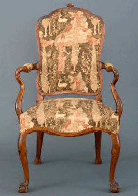 Dutch rococo-style armchair, walnut, printed linen upholstery, velvet, 40 by 23 by 20 inches; gift to the Pruyn Family Collection.