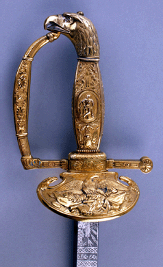 Hilt (detail of sword presented to Henry Ballard), Philadelphia, made by Thomas Fletcher, William Rose & Sons and John Meer, gold and steel, 1829. Ruth J. Nutt collection of American silver. ⁔homas Nutt photo