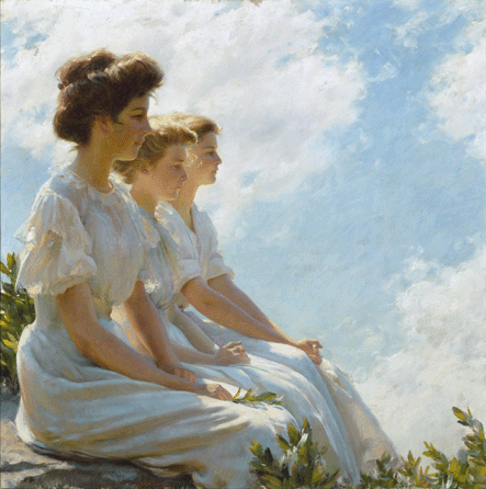 Charles Courtney Curran's (1861‱942) predilection for portraying sun-filled visions of young women in white dresses posed under scenic skies is exemplified by "On the Heights,†1909. His bright palette, confident brushwork and optimistic outlook resulted in sunny canvases that typified the work of many of America's best Impressionists.
