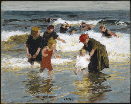 Edward W. Potthast (1857‱927) became known for his bright Impressionist renditions of beach life around New York and along the New England coast. In "Bathers,†circa 1913, he employed heavy impasto, broken brushstrokes and a high-keyed palette to depict sun-splashed women and children frolicking among frothy waves.