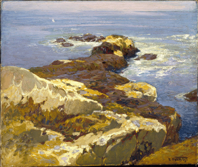 Edward Potthast, born in Cincinnati and trained in Europe, was drawn to the seacoast, where his bravura technique, affinity for bright sunshine and sense of composition animated his paintings. "Rocks and Sea,†circa 1923, was likely set along the rugged coastline of New England.