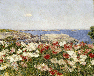 Childe Hassam spent many years depicting the wonders of coastal New England scenery during summers there, including this view of the effulgent garden of Celia Thaxter on Appledore Island. With flickering brushwork and vivid colors, he captured the beauty of this famous naturalistic plot in a series of images, including "Poppies on the Isles of Shoals,†1890. 
