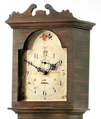 Tall case clock, movement by Riley Whiting, Winchester, Conn., 1810‱825, tulip poplar, glass, iron and paint; gift of Juli Grainger.