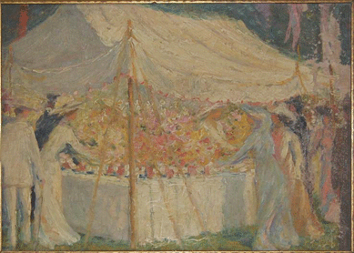 A scene with women in white and pastel dresses and hats and hatted men in white suits beneath a white tent sold for $1,265.