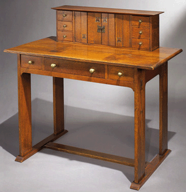 An Arts and Crafts furniture standout was a rare oak desk for Gustav Stickley, circa 1903, by Harvey Ellis sold for $112,100. A similar inlaid library table of the same design can be found at the Los Angeles Museum of Art.