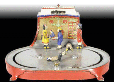 Kyser & Rex, Philadelphia, cast iron Roller Skating mechanical bank, circa 1880s, with provenance through L.C. Hegarty and Stanley Sax collections realized $184,000.