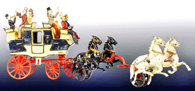 Carpenter cast iron four-horse-drawn Tally-Ho coach, 27 inches long with seven "well-dressed†passengers, made $86,250.