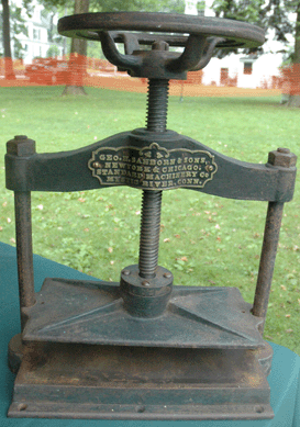 This early Nineteenth Century iron nipping press, used for prebinding operations, was made by the "Standard Machinery Company, Mystic River, Conn.†and was being shown by Applied Arts by Design, Daytona Beach, Fla.