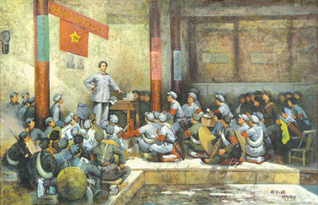He Kongde (Chinese, 1925′003), "Gutian Meeting,†1970 version, framed oil on canvas, 47 by 72 inches, signed and dated 1970 lower left, sold for 98,400.