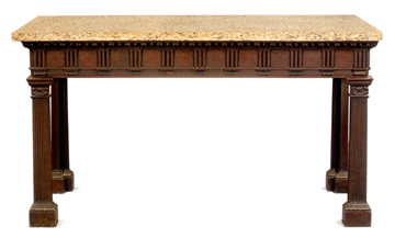 A pair of George III-style marble top slab tables of architectural form, one shown, achieved $28,080.