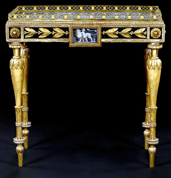 An elaborate neoclassical side table in giltwood, ormolu and eglomise with a marble top and a center eglomise panel with a child and a lion that the catalog noted may have been Russian realized $25,740.