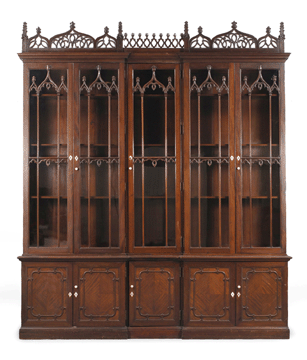 One imposing lot comprising two 35½-inch English Victorian Gothic-style mahogany bookcases and a third central one that was 113 inches wide, and all of which were 132 inches tall, came from Carter's Grove through Westover Plantation and sold for $25,740. The catalog notes suggested that they may have been made by W&J Sloan of New York.
