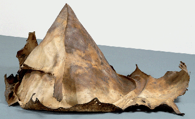 Puryear molded rawhide into the sizable "Rawhide Cone,†1980, which measures 29¼ by 60 by 46 inches. Collection of the artist.