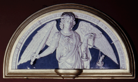 Andrea della Robbia (Italian, 1435‱525), "Saint Michael the Archangel,†Fifteenth Century, circa 1475, glazed terracotta frame, wood, 31 1/8  by 61 7/8  inches. Harris Brisbane Dick Fund, 1960.