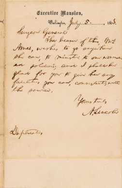 Two days after the Battle of Gettysburg, Lincoln wrote this letter to the surgeon general on behalf of a female volunteer who wanted to do her part for the troops. The letter sold for $41 at the 1904 auction of the Botta collection; this time on the block, it commanded $27,738.
