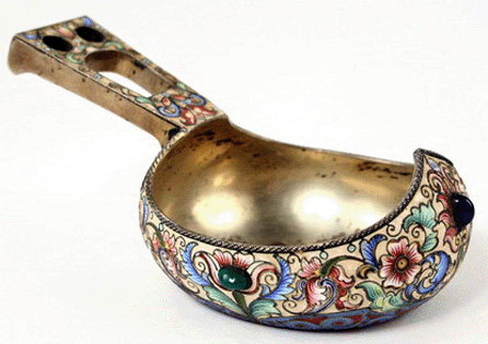 A Russian gilded silver and enameled kovsh by Feodor Ruckert attained $85,250.