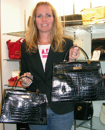 Helen Nelson holds a total of $10,925 in handbags sales. The top lot, a Twentieth Century black alligator Hermes Kelly bag (complete with its original keys, fob and lock) sold for $6,325. The same bidder purchased a second Hermes Kelly alligator handbag for $4,600.