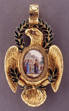 Insignia of the Society of the Cincinnati Badge, made by Thomas Fletcher and Sidney Gardiner, Philadelphia, 1815′0, gold, enamel and ruby. West Point Museum collection, United States Military Academy.