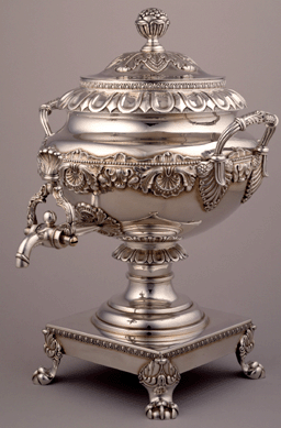 Hot water urn made by Thomas Fletcher and Sidney Gardiner, Philadelphia, 1820″0, silver. Private collection.