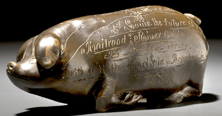 A total of $14,950 was paid for this Anna Pottery stoneware railroad pig, circa 1881, by Wallace and Cornwall Kirkpatrick, Anna Pottery, Anna, Ill.