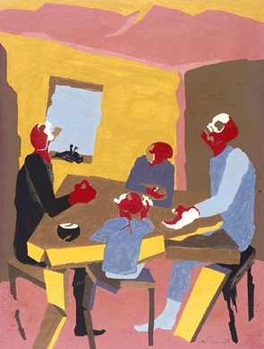 Jacob Lawrence, "Family,†tempera and gouache on paper, 23 by 17½ inches. Alexander Harrison Fund, 2008.