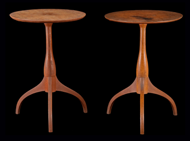Two cherry stands, circa 1840, from Mount Lebanon represent the highest refinement of the form produced there. The example on the right bears the mark of a pair of scissors or a wick trimmer in the finish.