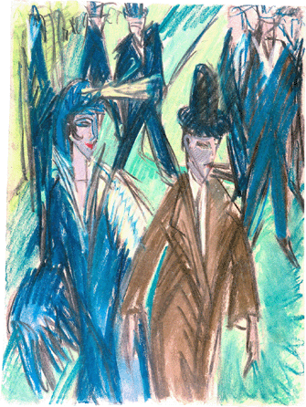 Ernst Ludwig Kirchner (German, 1880‱938), "Street Scene (Straßenszene),†1913‱4, pastel, 15¾ by 11 13/16  inches. Brücke-Museum, Berlin. Photograph by Roman März. © Ingeborg and Dr Wolfgang Henze-Ketterer, Wichtrach/Bern.