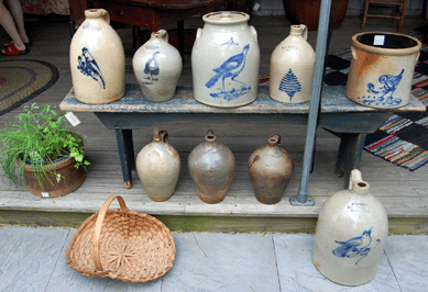 Mad River Antiques of North Granby, Conn., offered a selection of stoneware. Two of the three on the bottom were made in Boston, the one on the left is from Charlestown.